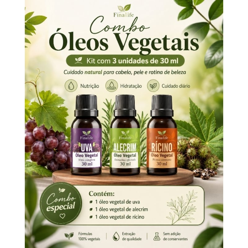 kit Hidratação e crescimento-Alecrim 30ml , Rícino 30ml , Uva 30ml fina life 100% puro